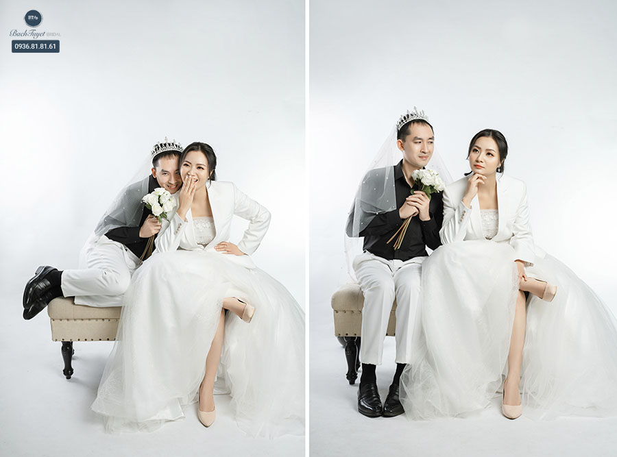 Tạo dáng cô dâu chú rể chụp ảnh cưới trong studio